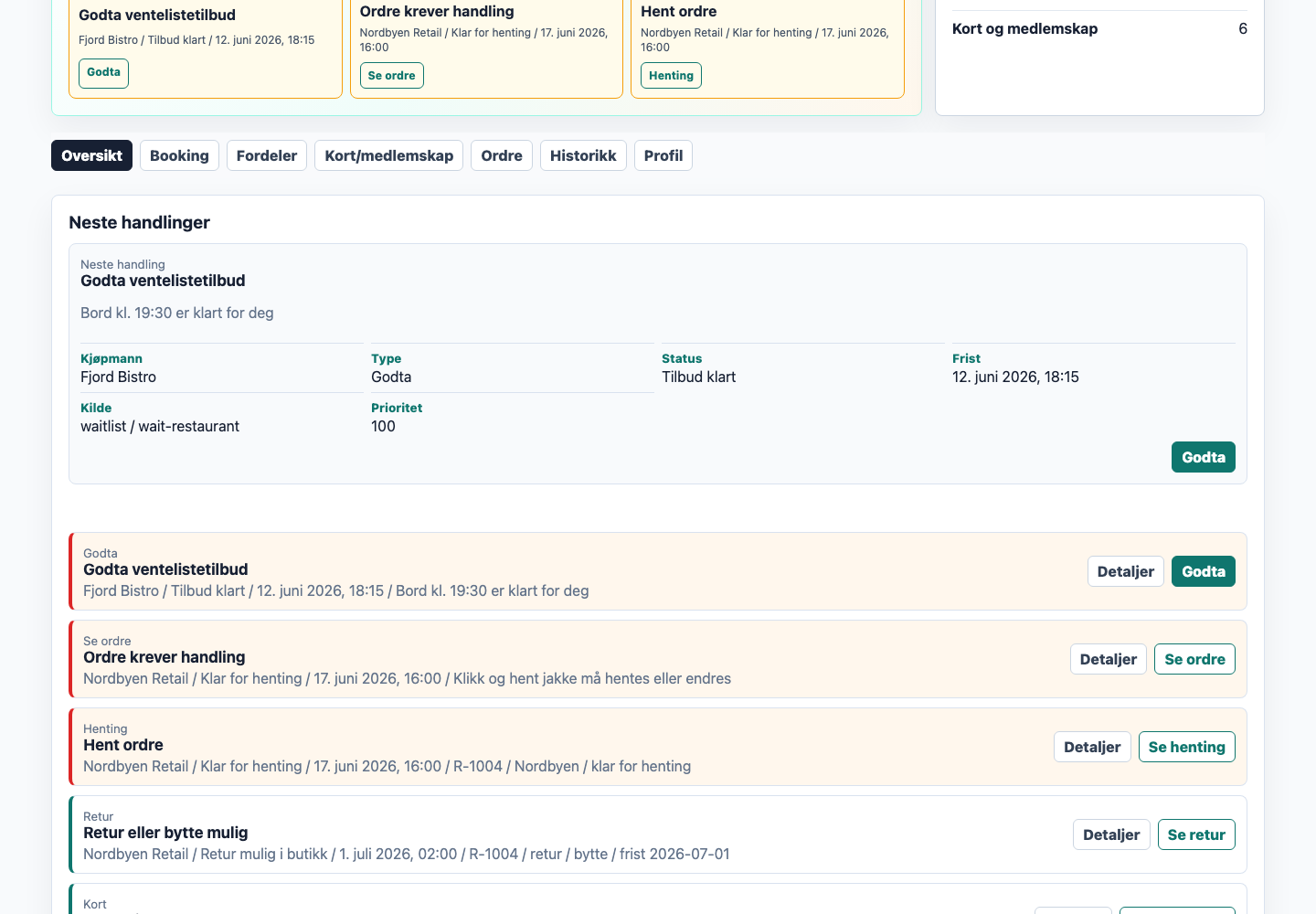 Kundeappen i 1-CMS — neste handlinger med booking, fordeler, kort og medlemskap, ordre og historikk samlet på ett sted