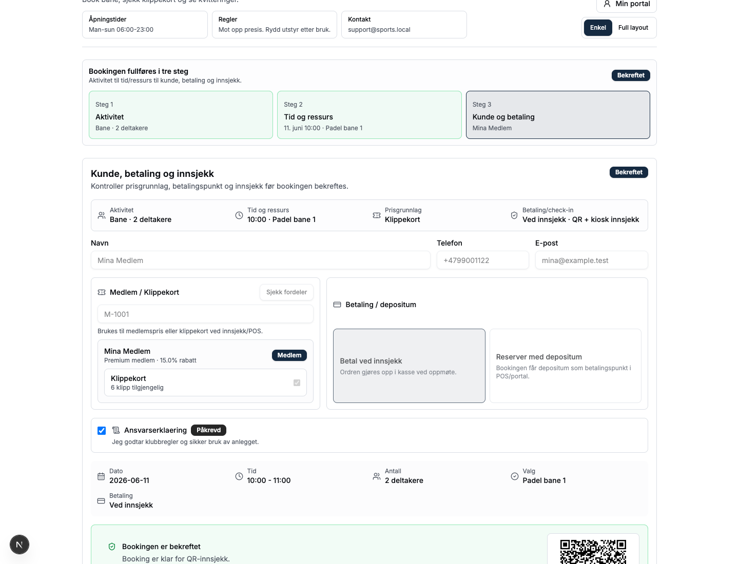 Offentlig bookingflate laget med 1-CMS — booking i tre steg med aktivitet, tid og betaling