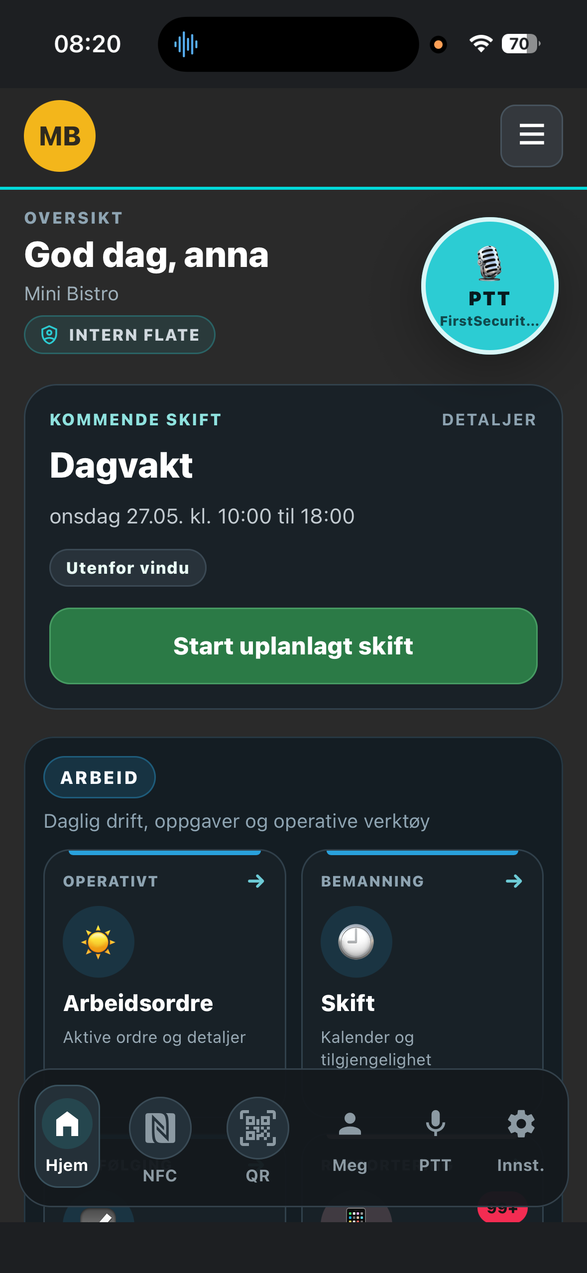 Ansattappen på mobil — vaktoversikt, stempling og dokumenter